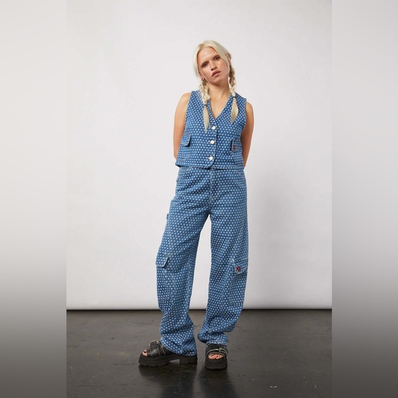 Damson Madder Maya Flower Jacquard Cargo Jeans in indigo blue co-ord UK 6 US 24 - Picture 12 of 14